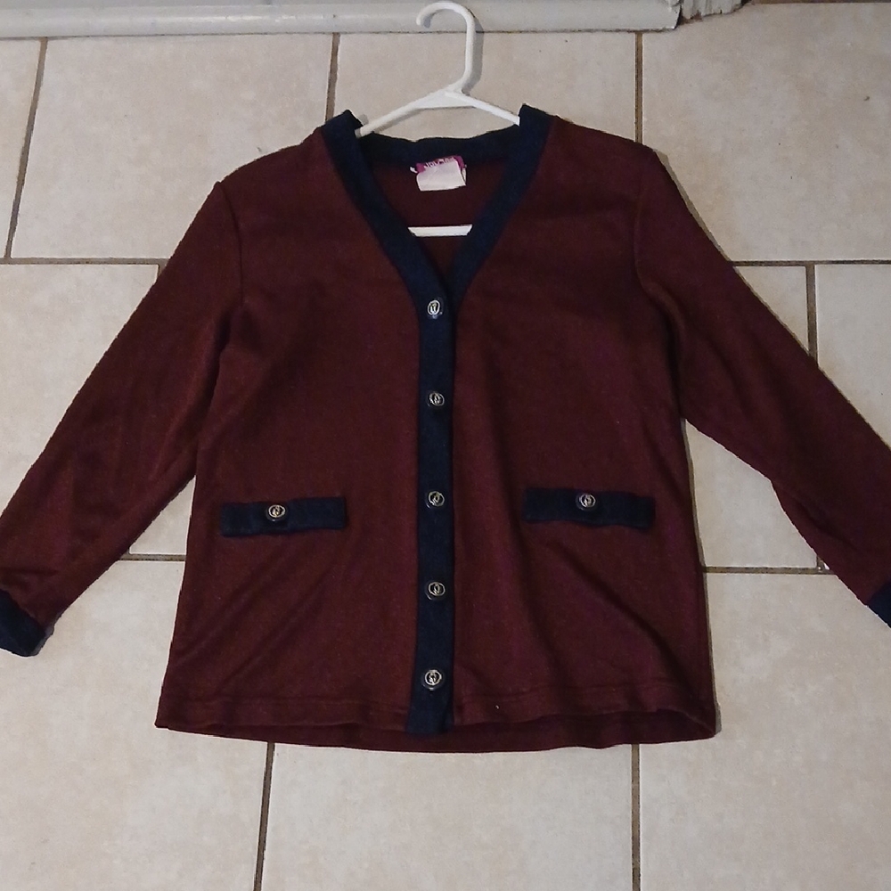 VINTAGE Womens Size 12 Burgundy Shimmer Button Down Cardigan with Navy Trim